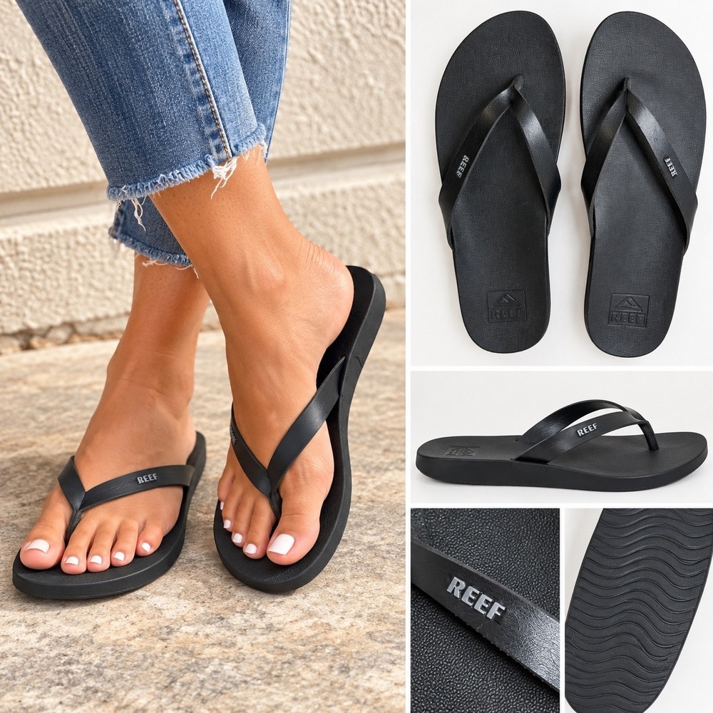 Reef Cushion Court Black Flip Flop Sandals Womens Size 11 Vegan Leather Straps